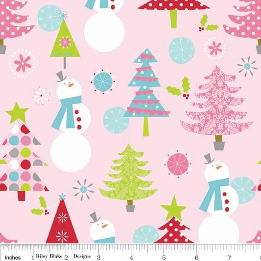 Stricken Sie Riley Blake Weihnachtsschneemann Rosa 2,5 m